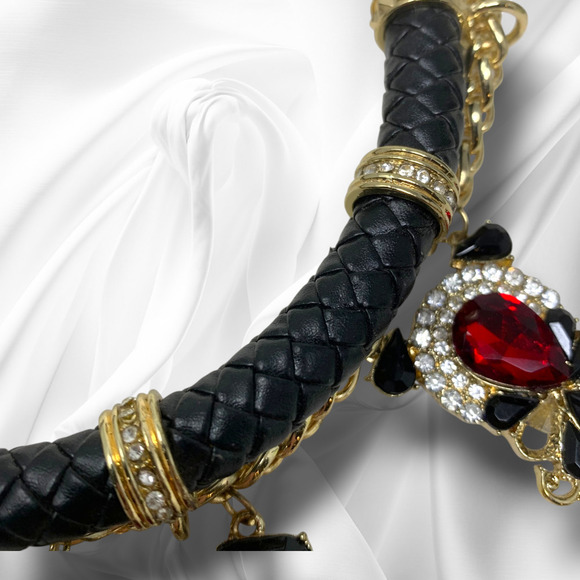 Vintage 1980's Maximalist Crystal Gold Tone Chain Leather Bling Choker Necklace - Picture 3 of 6